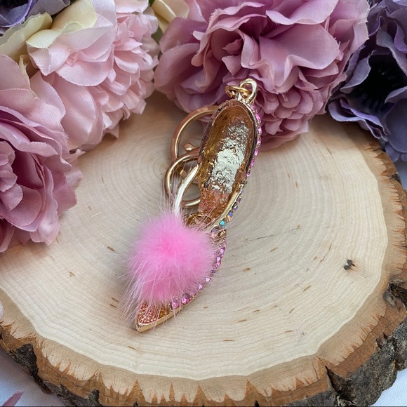 Pink Crystal High Heel Sandal with Pink Pom Pom Keychain Charm - Picture 7 of 11